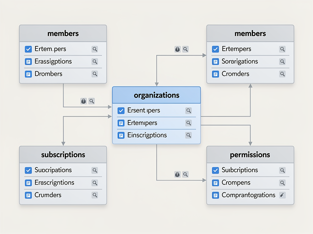 Database schema diagram showing multi-tenant architecture with organizations table connected to members, subscriptions, and permissions tables, arrows indicating foreign key relationships, clean technical illustration style with blue and gray color scheme