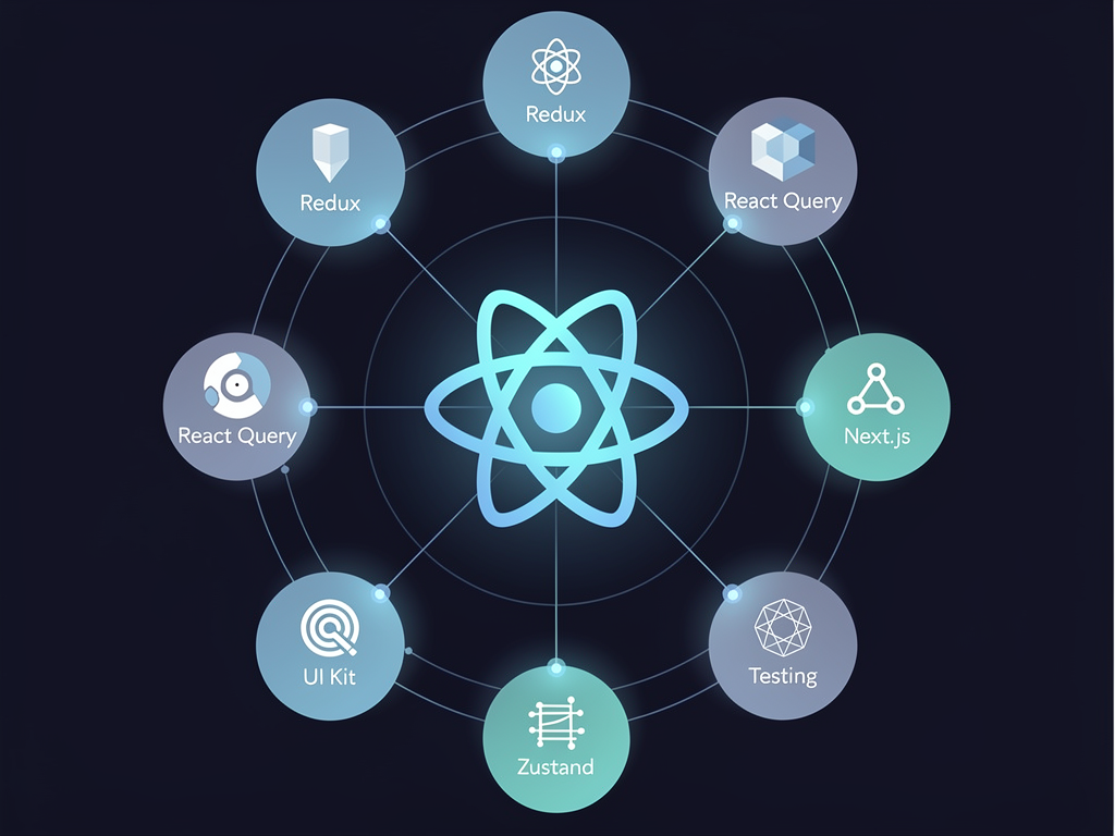 Circular diagram showing React ecosystem with numerous connected nodes representing popular libraries like Redux, React Query, and Next.js, with clean icons and connecting lines demonstrating the extensive third-party library landscape
