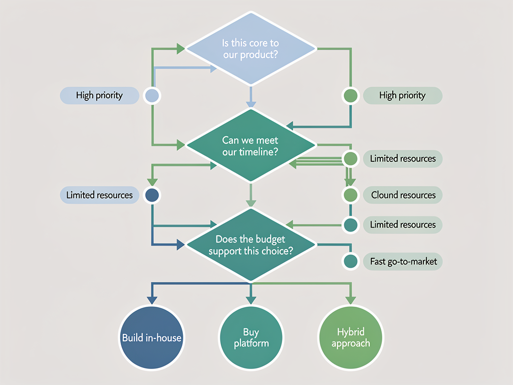 Decision flowchart showing build versus buy evaluation process with diamond-shaped decision nodes for core versus context, timeline constraints, and budget considerations, leading to recommended approaches, clean business diagram style with green and blue color scheme
