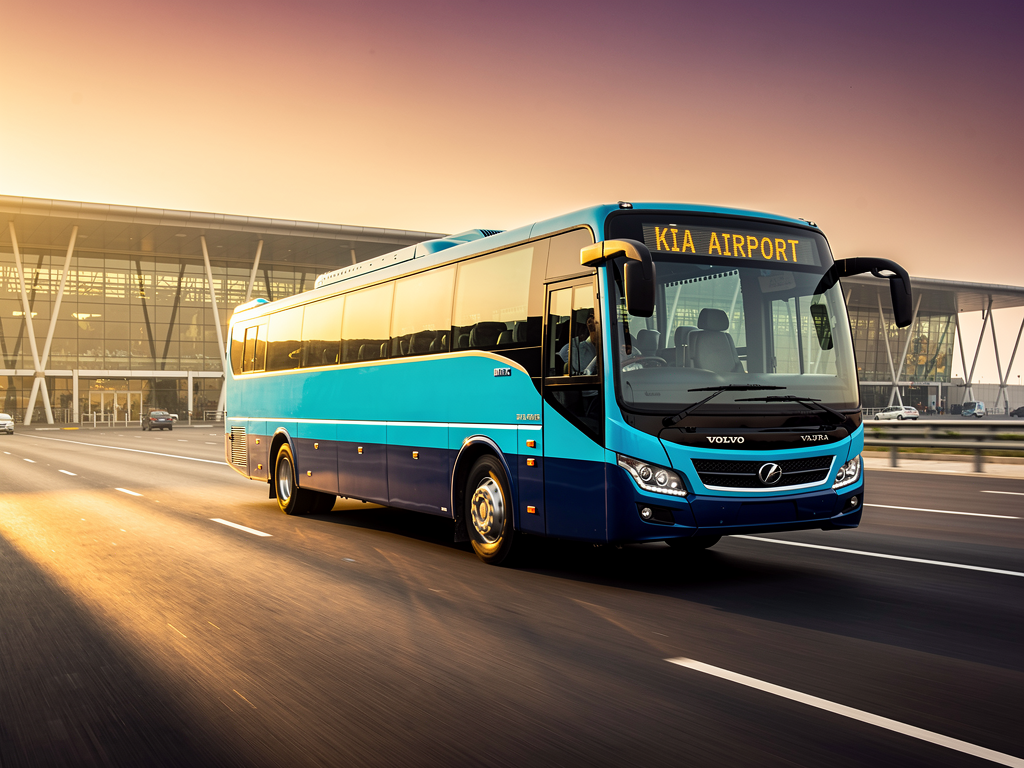 A BMTC Vayu Vajra bus traveling on a highway approach road toward Kempegowda International Airport during golden hour, with the modern airport terminal visible in the background, showcasing the bus's sleek design against the evening sky