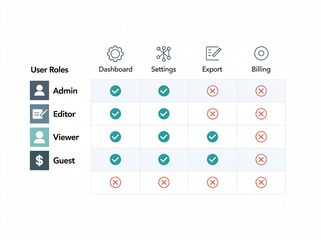 Permission matrix visualization showing user roles on one axis and feature flags on the other, with checkmarks and X marks indicating access permissions, displayed in a clean spreadsheet-style layout with alternating row colors for readability