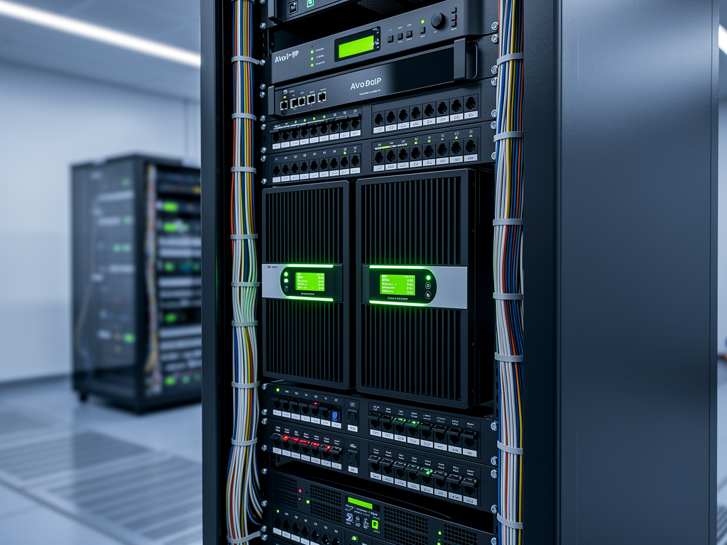 Professional equipment rack showing dual UPS systems with battery backup indicators, redundant power distribution units with clearly labeled circuits, organized cable management, green LED status lights indicating healthy power status, data center environment with raised floor visible