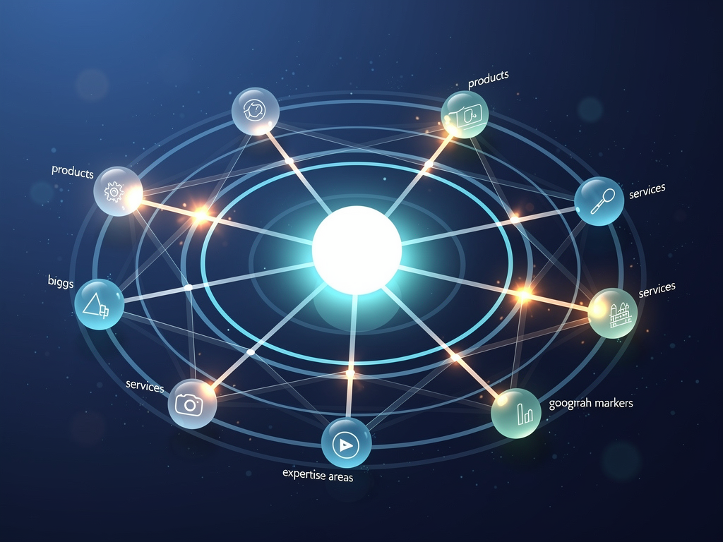 Knowledge graph visualization showing a central brand entity connected to related concepts like products, services, industry topics, expert authors, and geographic locations, with lines indicating the strength and type of relationships between entities