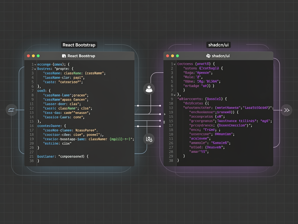 Code comparison showing React Bootstrap component with className props and Bootstrap CSS classes versus Shadcn UI component with Tailwind utility classes, demonstrating the different styling paradigms with syntax highlighting on a dark code editor background