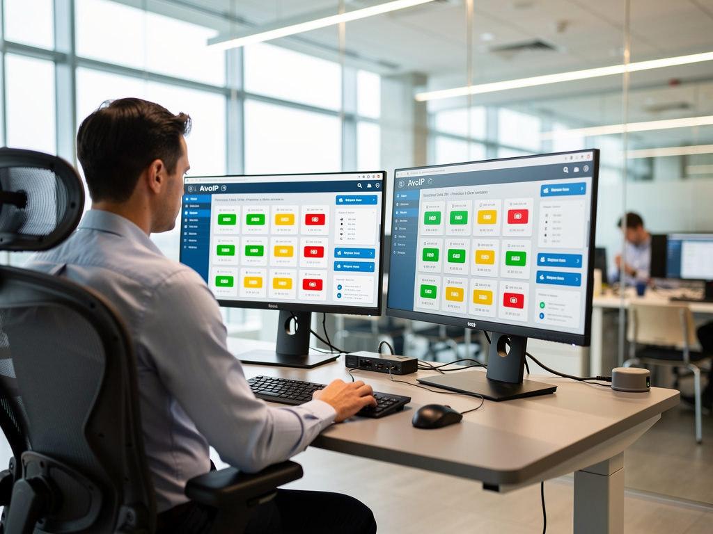 An IT administrator working at a dual-monitor workstation displaying a centralized AVoIP management dashboard with device status indicators, firmware version tracking, and alert notifications, clean modern office environment, natural window light supplementing overhead fixtures