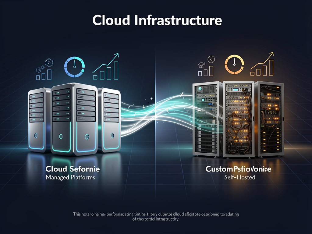 Server room visualization showing comparison between cloud provider logos (AWS, Google Cloud, Vercel) on one side and self-hosted server rack on the other, with cost indicators and performance metrics floating above each option, modern infographic style