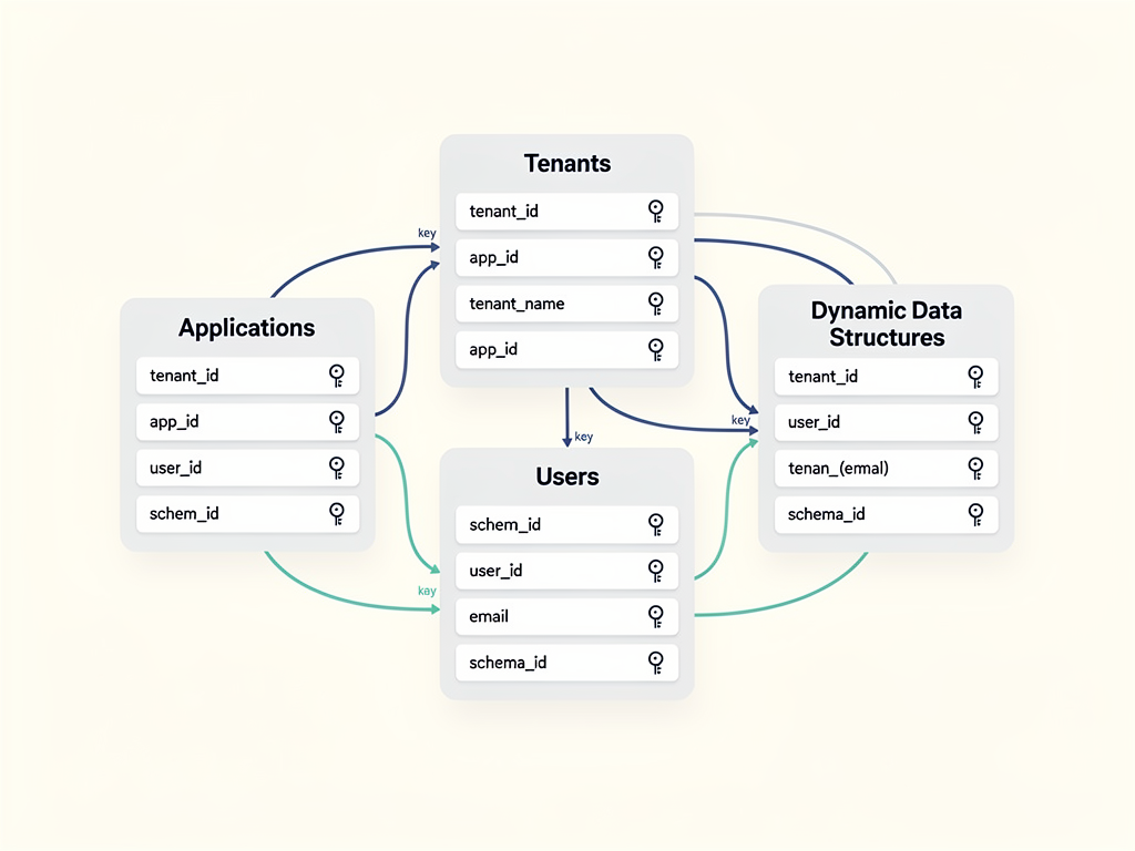 Database schema visualization showing interconnected tables for tenants, applications, users, and dynamic data structures, with relationship lines connecting primary and foreign keys, displayed in a technical diagram format with a light background