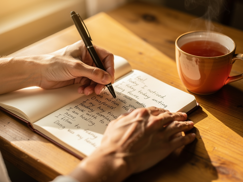 A close-up of hands writing in a therapy journal, with a cup of tea nearby on a wooden table. Soft morning light illuminates the scene, suggesting a peaceful moment of self-reflection and therapeutic homework. The journal shows handwritten notes about thoughts and feelings.