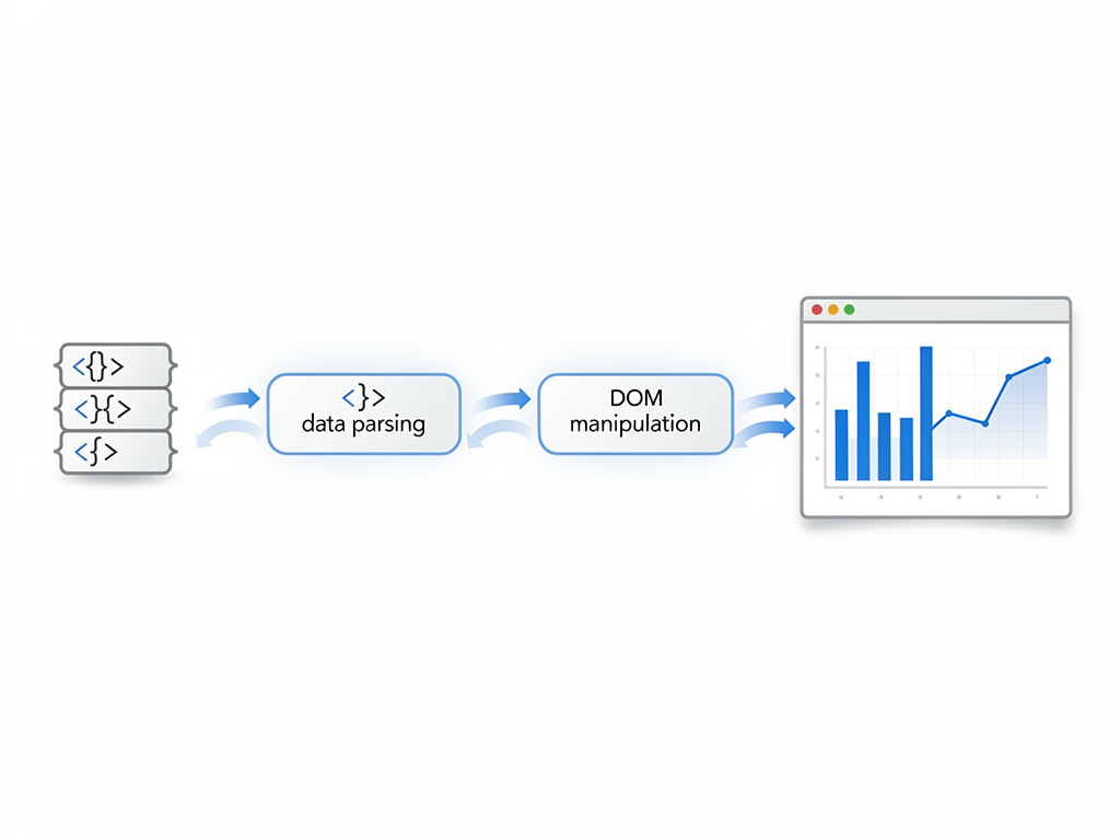 Architectural diagram showing D3.js data flow from raw JSON data through scales and bindings to rendered SVG elements in a browser, with arrows indicating transformation steps and labeled components including data parsing, scale functions, and DOM manipulation layers against a clean white background with blue accent colors