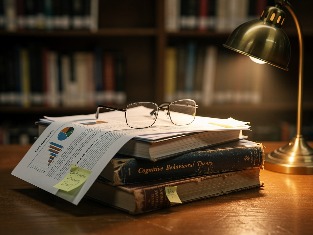 A stack of research papers and psychology textbooks on a library desk with reading glasses resting on top, warm ambient lighting from a desk lamp, representing the scientific foundation of CBT
