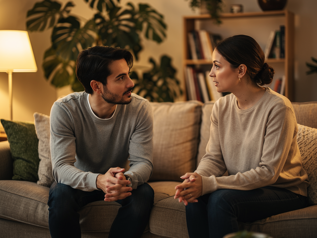 Two people having a supportive conversation in a cosy living room, one listening attentively while the other speaks, warm lamplight creating an intimate atmosphere of trust and connection, comfortable home setting suggesting healthy communication