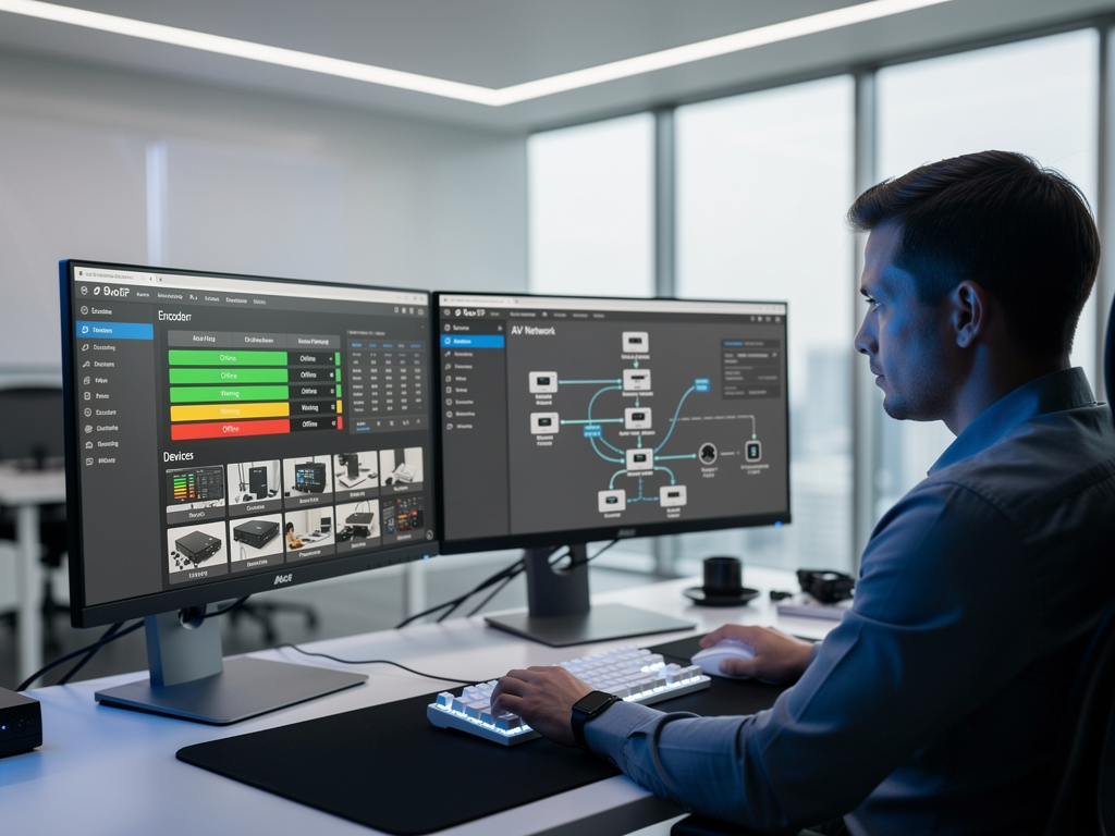 IT administrator sitting at a workstation with dual monitors displaying AVoIP management software interface showing encoder status dashboards, device thumbnails, and network topology diagram, modern office environment