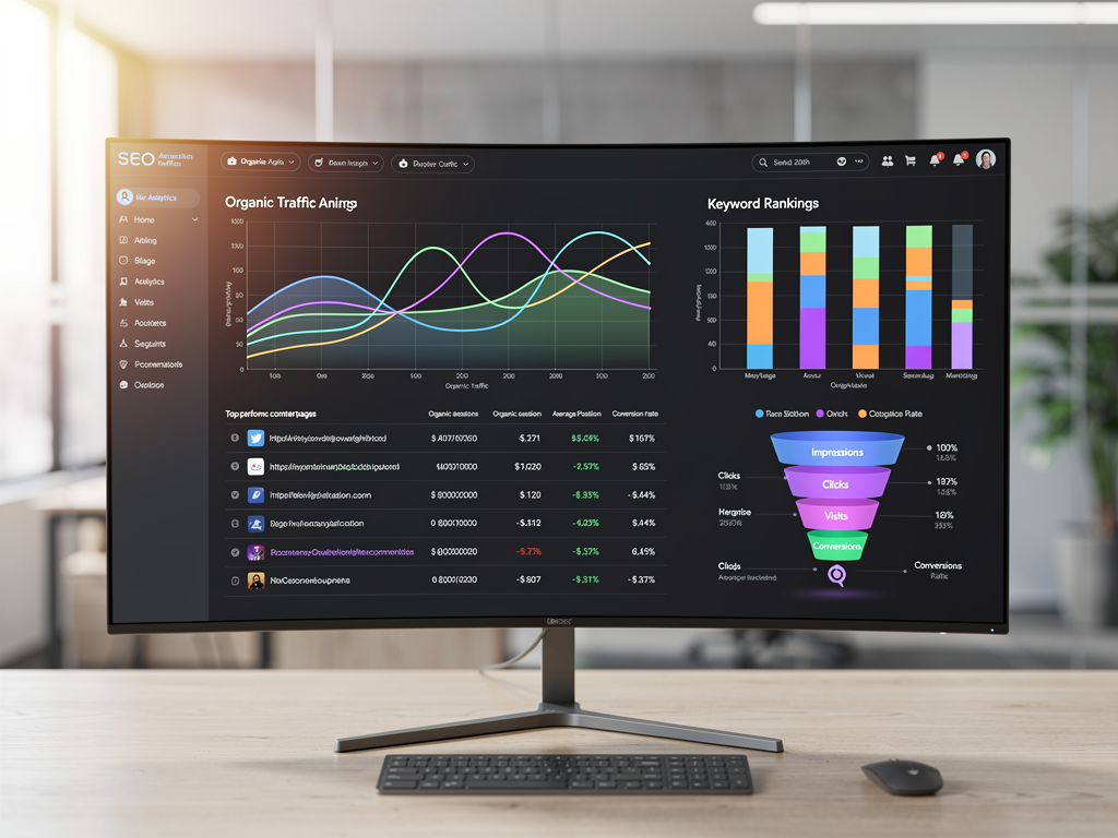 A comprehensive SEO analytics dashboard displayed on a widescreen monitor showing multiple data visualizations including traffic trends over time, keyword ranking distributions, top performing pages, and conversion funnels, modern dark theme interface with colorful charts and graphs