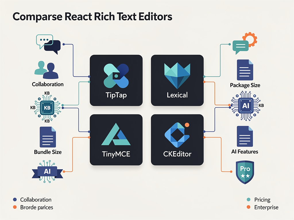 Infographic showing a comparison matrix of popular React rich text editors including TipTap, Lexical, TinyMCE, and CKEditor, with icons representing features like AI integration, collaboration, bundle size, and pricing tiers arranged in a clean data visualization layout