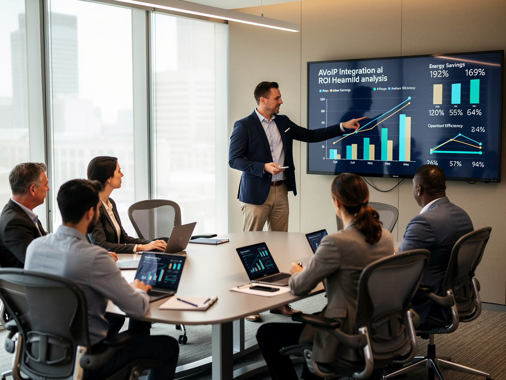 Business meeting with facilities manager presenting ROI analysis on wall-mounted display, showing graphs comparing energy savings and operational efficiency gains from AVoIP integration, professional conference room setting