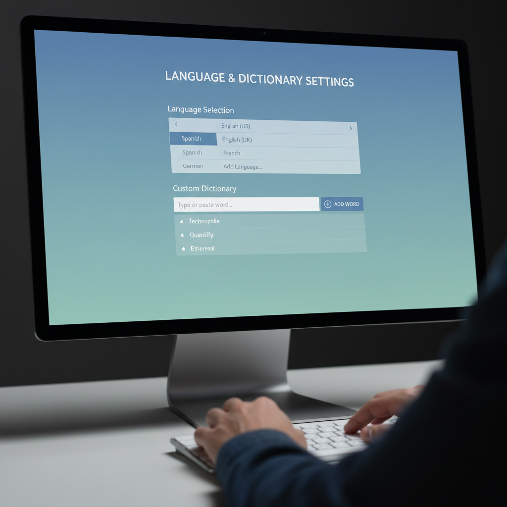 A user customizing language settings in a predictive text application, adding a custom word to the dictionary, with several language options visible.