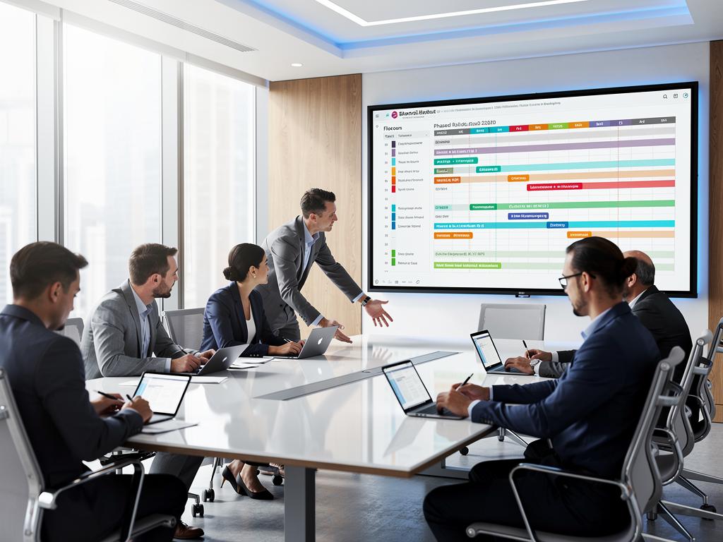 A project planning session with AV consultants and IT staff reviewing deployment timelines on a large interactive display. Gantt charts show phased rollout schedules across building floors. Participants take notes on tablets while discussing migration milestones in a bright, modern meeting space.