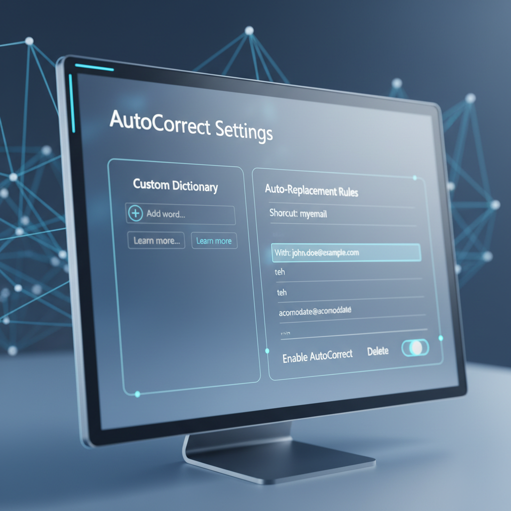 A screenshot of AutoCorrect PC's settings interface, showing options for adding custom dictionary entries and configuring auto-replacement rules with example shortcuts.