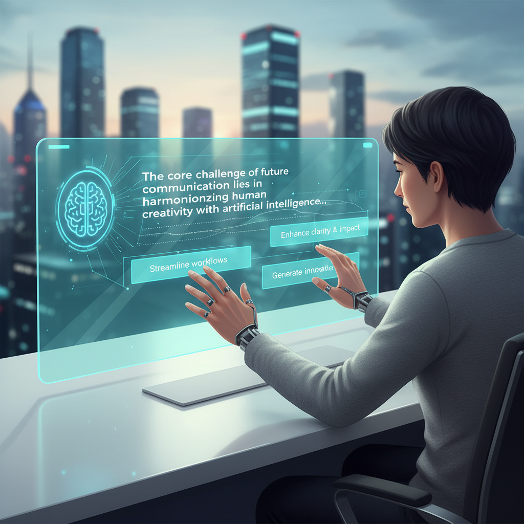 A futuristic desktop setup shows a user interacting with a transparent screen displaying text, with AI-powered suggestions appearing dynamically, illustrating the advanced and integrated nature of future writing assistants.