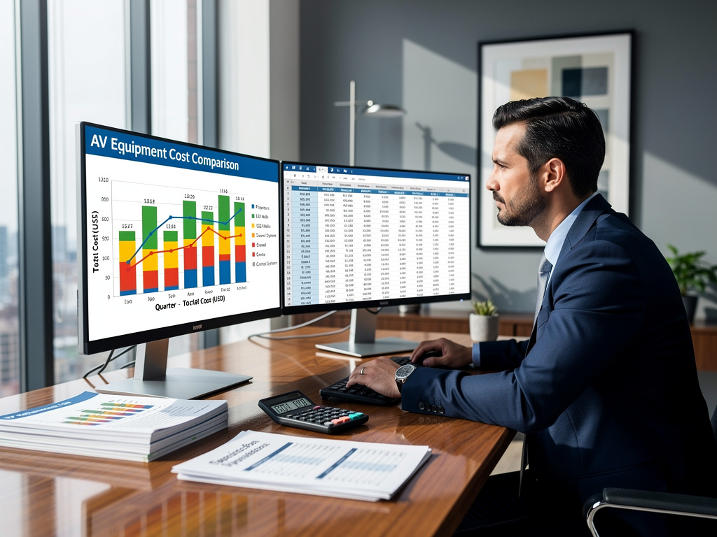 A financial analyst reviewing spreadsheets on dual monitors showing cost comparison charts and graphs, calculator and printed reports on the desk, natural window light illuminating a modern office environment