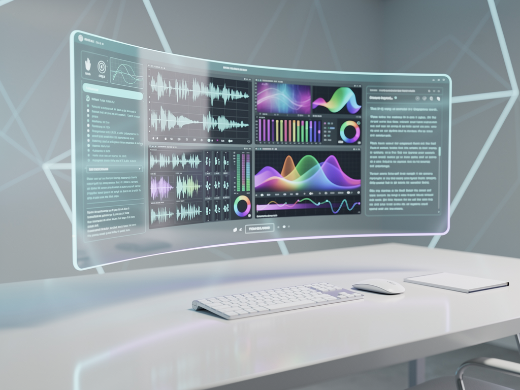 Futuristic holographic display showing next-generation AI content interface with multimodal creation options including video, audio, and interactive content alongside traditional text generation in a sleek, modern workspace