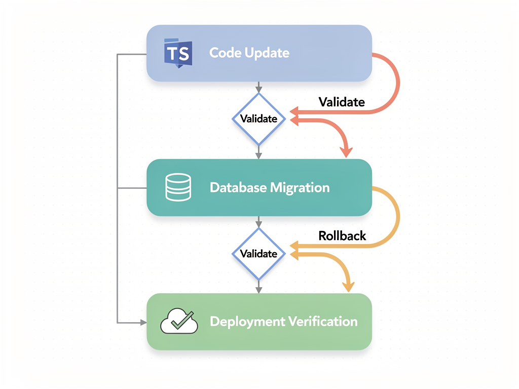 Flowchart diagram illustrating the safe migration process for TypeScript enum changes, showing steps from code update through database migration to deployment verification, with decision points and rollback paths indicated by colored arrows