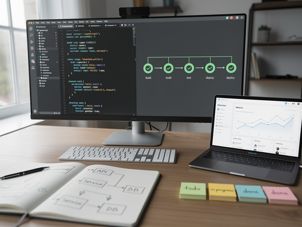Developer workflow illustration showing the progression from boilerplate selection through customization, testing, and deployment, step-by-step process visualization with code editor screenshots and deployment indicators