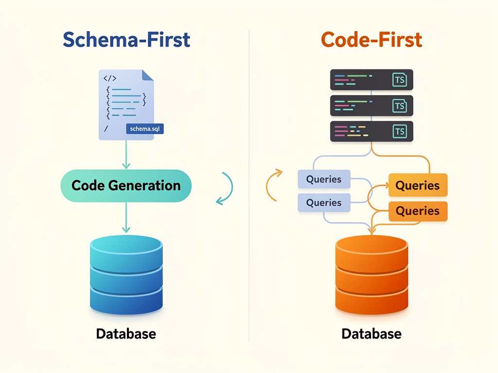 Side-by-side comparison diagram showing Prisma's schema-first architecture with .prisma files and generated client on the left, versus Drizzle's code-first TypeScript schema definition on the right, with arrows indicating the data flow from schema to database queries in each approach