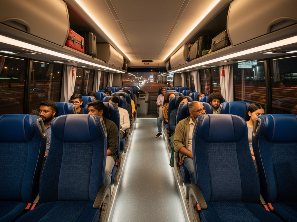 Interior view of a BMTC Vayu Vajra Volvo bus showing comfortable pushback seats with blue fabric upholstery, clean aisles, overhead luggage compartments, and soft ambient lighting, passengers seated comfortably with adequate spacing between rows