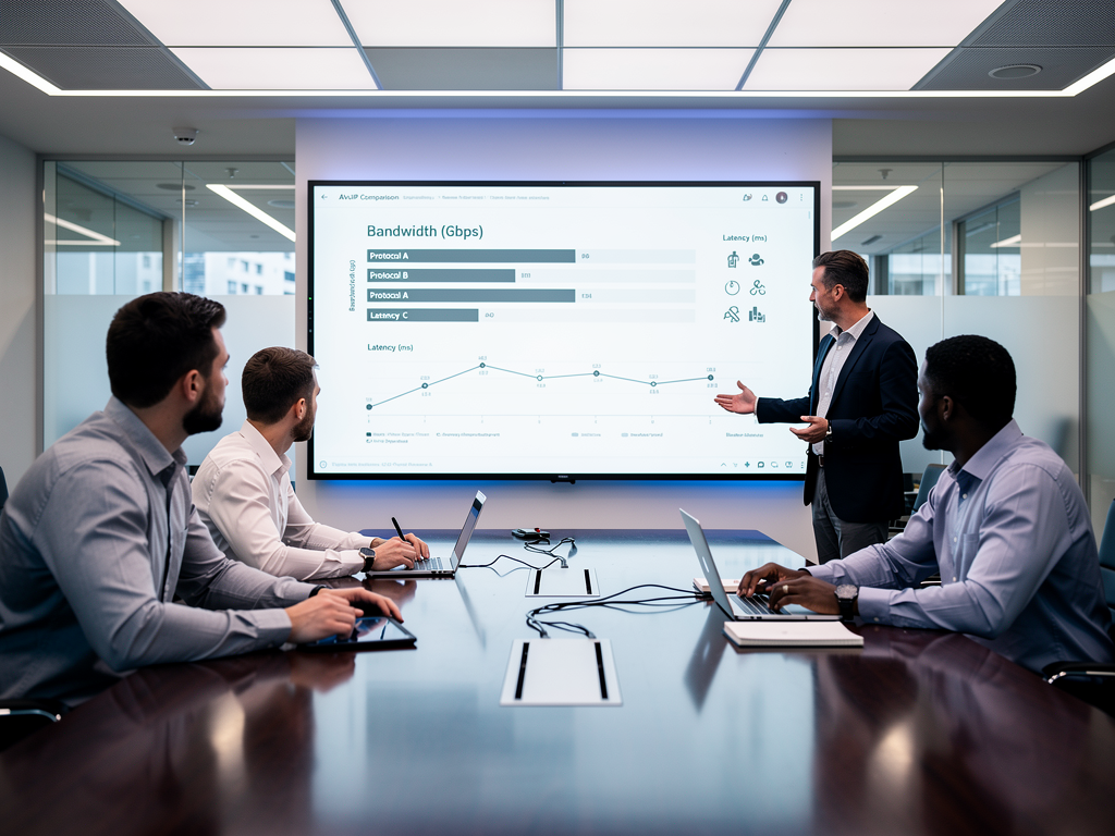 A comparison diagram displayed on a large conference room screen showing different AVoIP protocols with their bandwidth requirements and latency specifications, a presenter pointing to key differences while IT and AV professionals take notes at a polished conference table