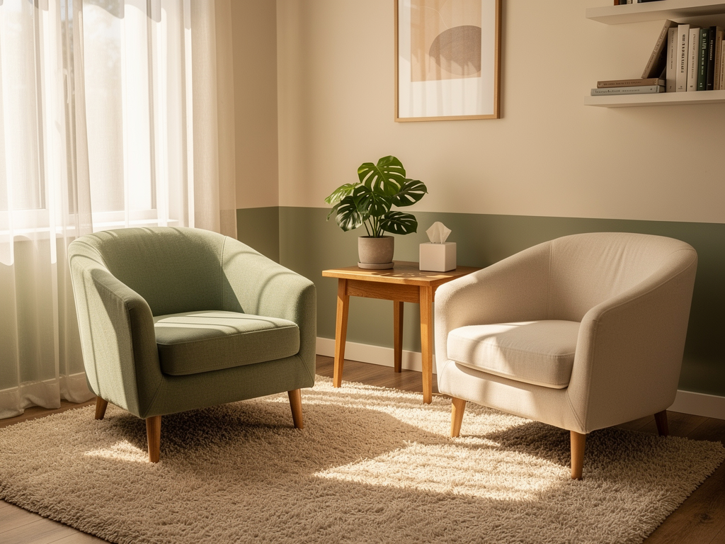 A calm therapy room with comfortable seating and soft natural lighting streaming through a window, featuring a warm and welcoming atmosphere with neutral tones, plants on a side table, and a sense of safety and professional care suitable for therapeutic work