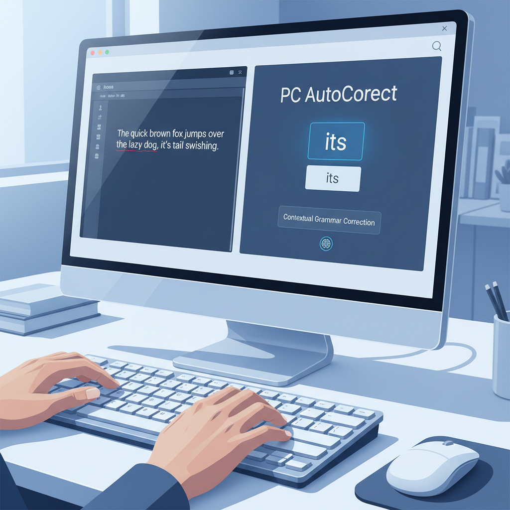 A split screen showing a user typing a sentence with a grammatical error on one side, and on the other, AutoCorrect PC highlighting the error and offering a precise, contextual correction, demonstrating advanced grammar checking.