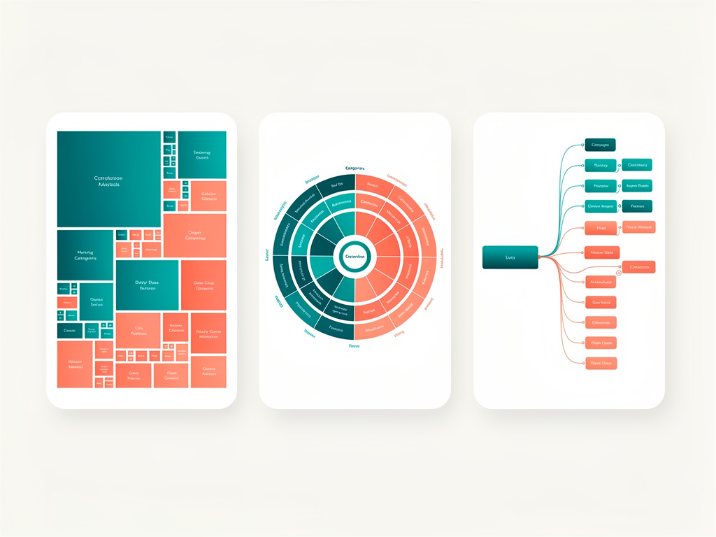 Three panel comparison showing the same hierarchical dataset rendered as a treemap with nested rectangles sized by value, a sunburst diagram with concentric ring segments, and a collapsible tree with expandable nodes, demonstrating different approaches to hierarchy visualization with consistent color coding across all three views