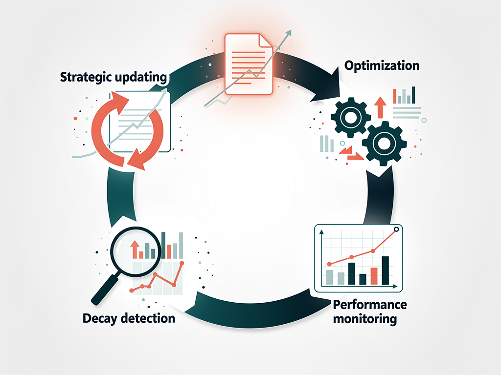 Content lifecycle diagram showing the progression from creation through optimization, performance monitoring, decay detection, and strategic updating, illustrated as a circular workflow with data points and improvement indicators at each stage in an educational infographic style