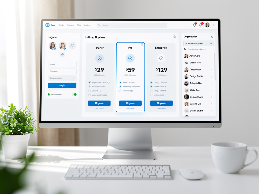 Modern SaaS application dashboard interface showing authentication panel, subscription management section, and multi-tenant organization switcher, rendered in clean minimalist design with blue accent colors against white background