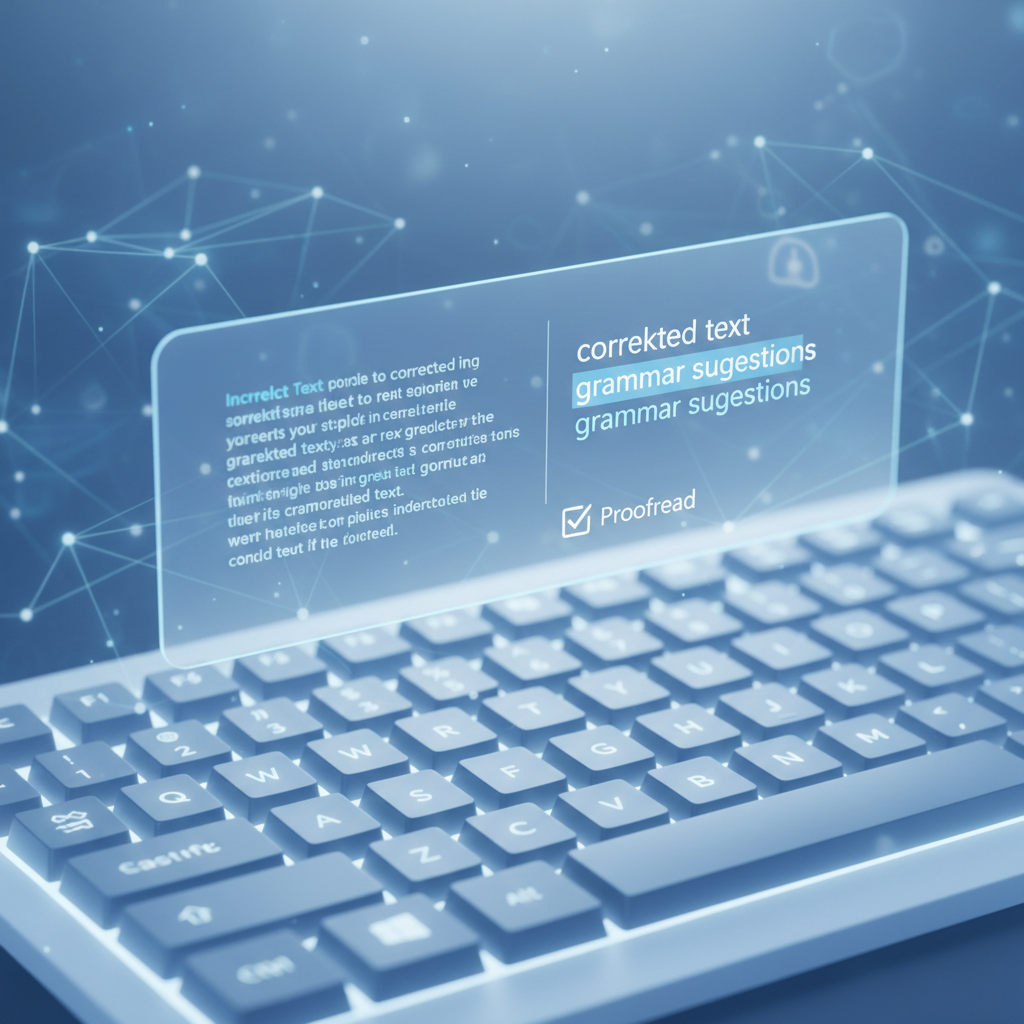 A close-up, soft 3D illustration of a glowing, stylized computer keyboard with a holographic projection above it displaying corrected text and grammar suggestions, set against a subtle, futuristic Windows interface background, with a cool blue and white color palette, evoking a sense of efficiency and advanced technology, suitable for an editorial illustration.