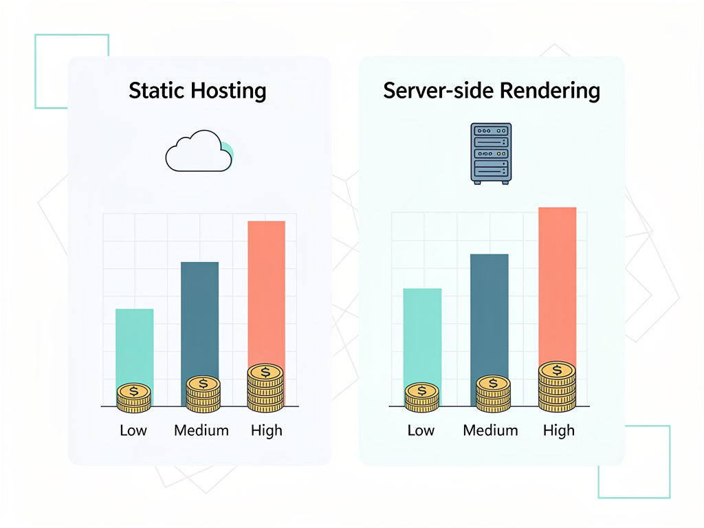 Cost comparison infographic showing hosting expenses for React Router static hosting versus Next.js server-side rendering at different traffic levels, with bar charts, pricing tiers, and infrastructure icons in clean data visualization style