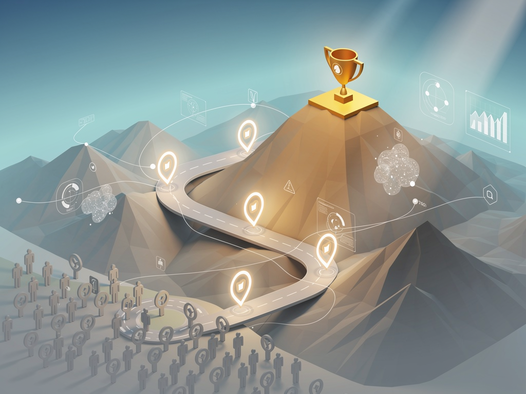 Strategic roadmap visualization showing the progression from initial competitive analysis through content gap closure to established market leadership, with milestone markers and competitive position indicators along a timeline spanning months to years