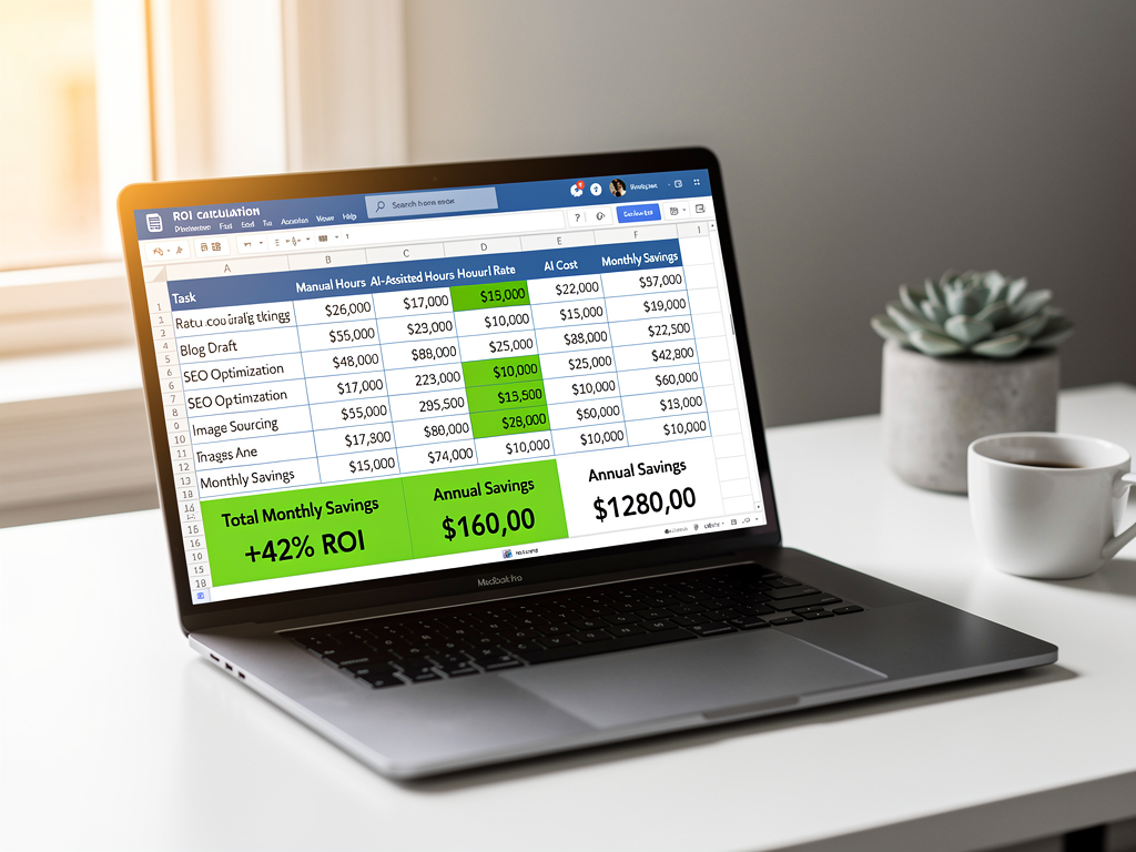 ROI calculation worksheet displayed on laptop screen showing time savings calculations, cost comparisons between manual and AI-assisted content production, performance improvement metrics, and total value assessment, professional spreadsheet style with clear formulas and highlighted bottom-line results