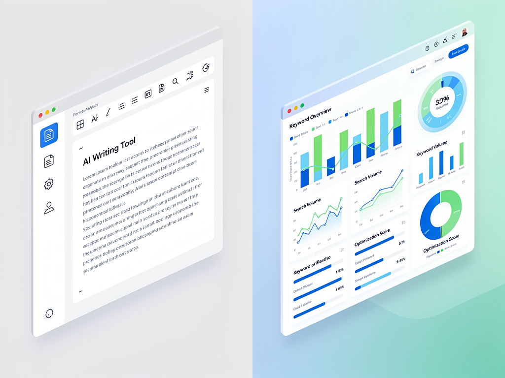 Split-screen comparison showing a general AI writing interface on the left with basic text generation options and a dedicated SEO platform on the right displaying SERP analysis, keyword metrics, and content optimization scores in a modern dashboard layout with blue and green accent colors