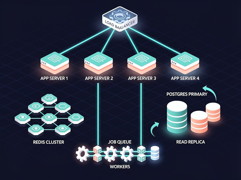 Scalability architecture diagram showing load balancer distributing traffic across multiple application servers, connected to Redis cache cluster, PostgreSQL database with read replicas, and background job workers processing queued tasks