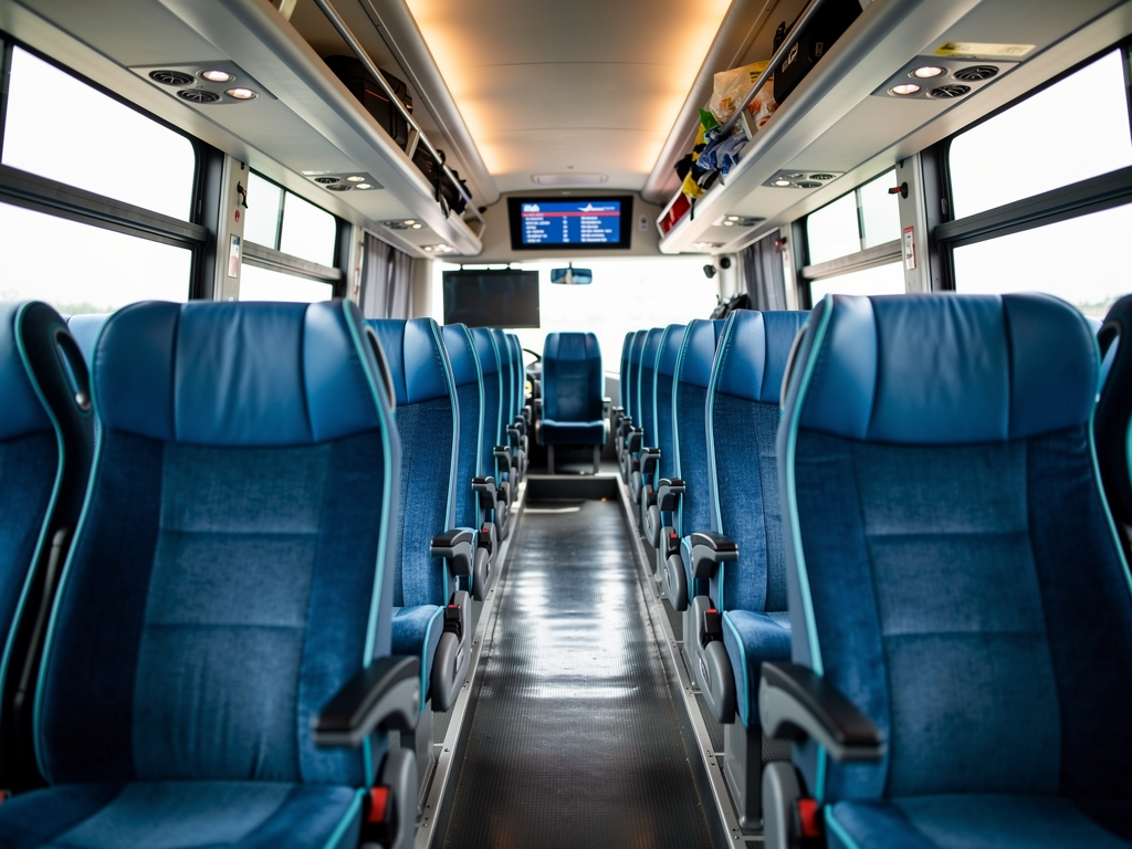 Interior view of a Vayu Vajra Volvo bus showing rows of comfortable blue push-back seats with individual air vents, clean aisles, large tinted windows letting in soft natural light, and overhead luggage racks