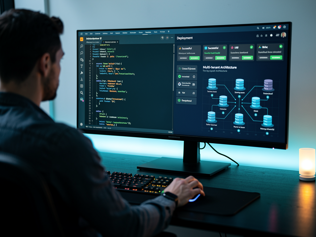Split-screen comparison showing code editor on one side with clean, organized boilerplate code structure and deployment dashboard on the other side showing successful multi-tenant application deployment, modern development environment, productive atmosphere