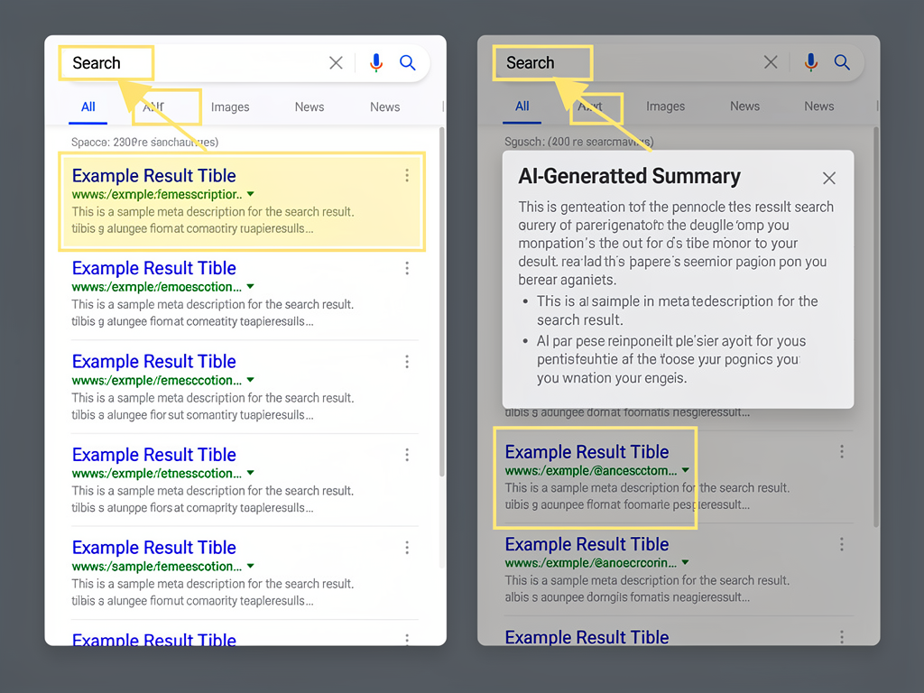 Side-by-side comparison of search engine results page showing traditional organic listings on the left versus results with AI Overview on the right, with annotations highlighting how title tags and meta descriptions appear differently when competing with AI-generated summaries at the top of the page