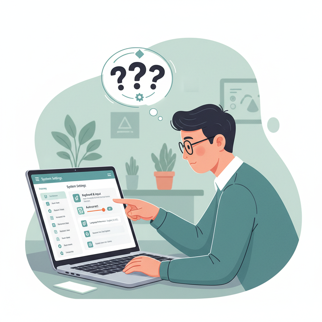 A user troubleshooting predictive text issues on a laptop, looking at system settings, with a thought bubble showing question marks and a gear icon.