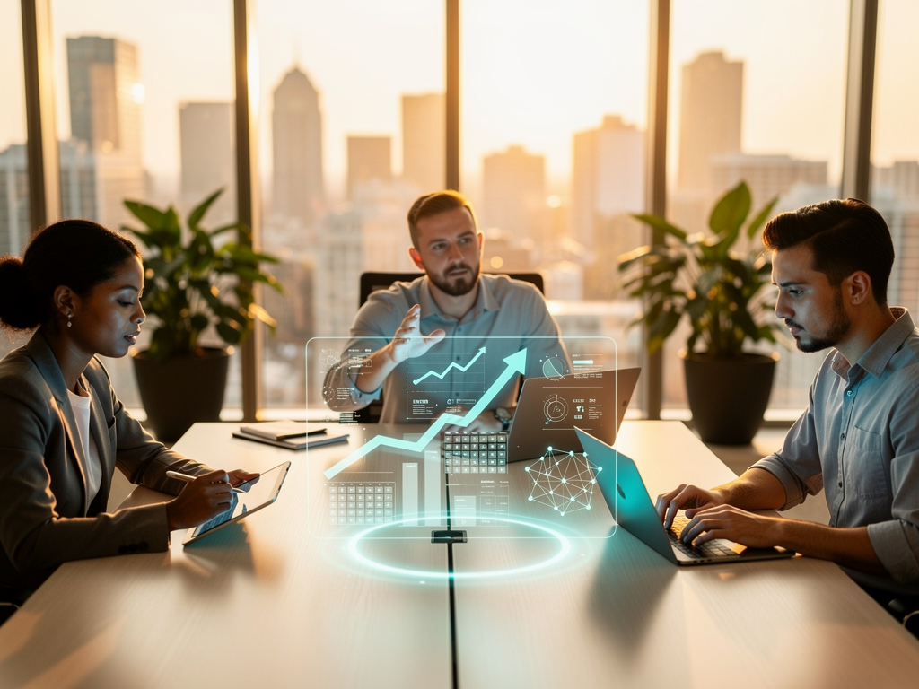 A forward-looking visualization showing a content team collaborating around a central holographic display showing AI search metrics, content performance dashboards, and publication schedules. Team members interact with tablets and laptops while the holographic display shows rising performance indicators. The scene conveys optimism and technological sophistication with warm lighting and a modern office environment featuring glass walls and green plants.