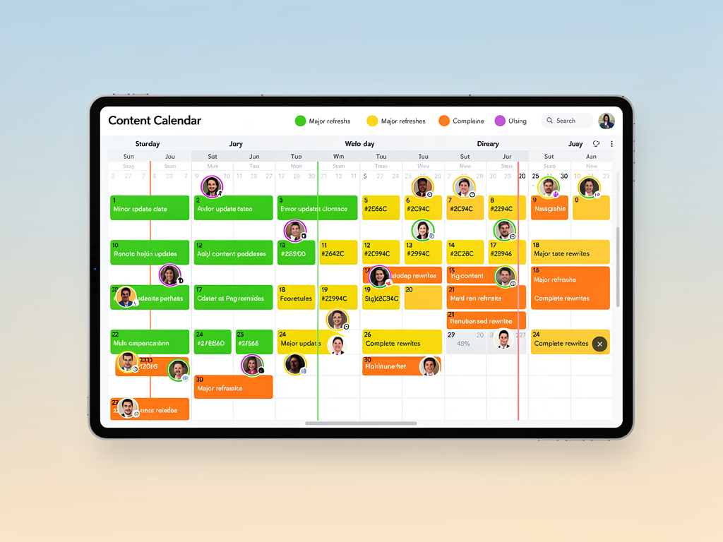 A calendar view showing a quarterly content refresh schedule with color-coded blocks indicating different refresh types including minor updates in green, major refreshes in yellow, and complete rewrites in orange, with team member assignments and deadline indicators
