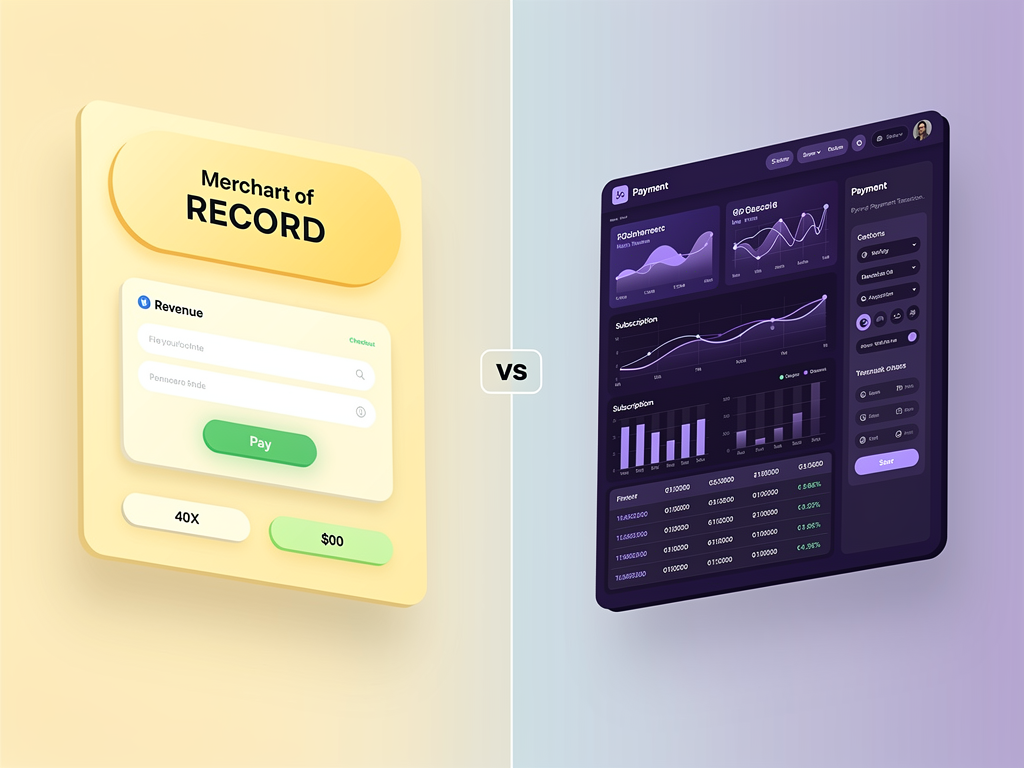 Split-screen comparison showing Lemon Squeezy dashboard interface on the left with simplified checkout flow and Stripe dashboard on the right displaying detailed transaction analytics and subscription management tools, both rendered in modern flat design style with soft lighting