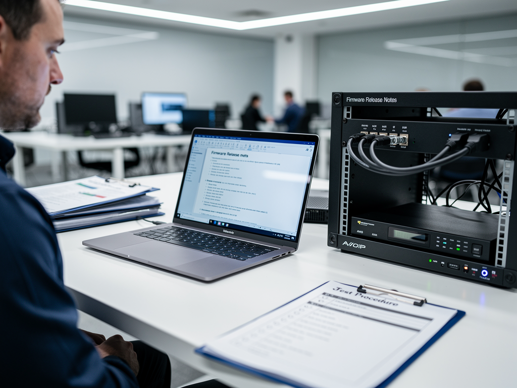 A technician reviewing firmware release notes on a laptop while connected to an AVoIP encoder on a test bench, organized workspace with testing equipment and documentation visible, focused professional environment