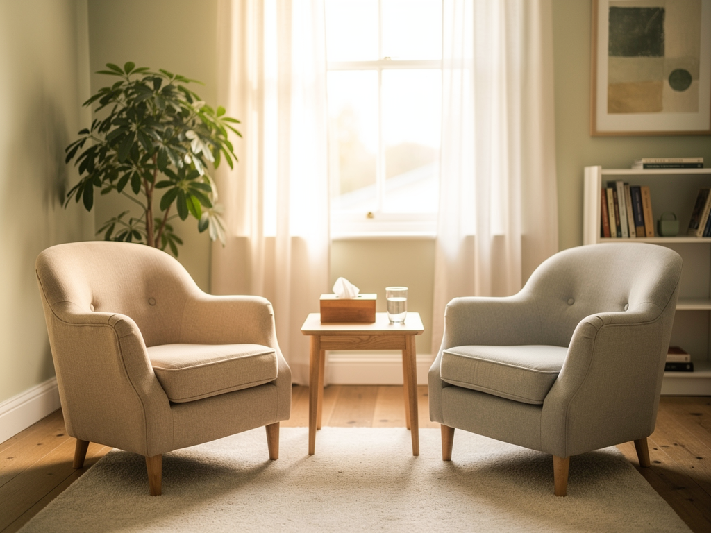 A calm, warmly lit therapy room in the UK with two comfortable armchairs facing each other, soft natural light filtering through sheer curtains, a small side table with a tissue box and water glass, creating an atmosphere of safety and professional support for trauma recovery sessions